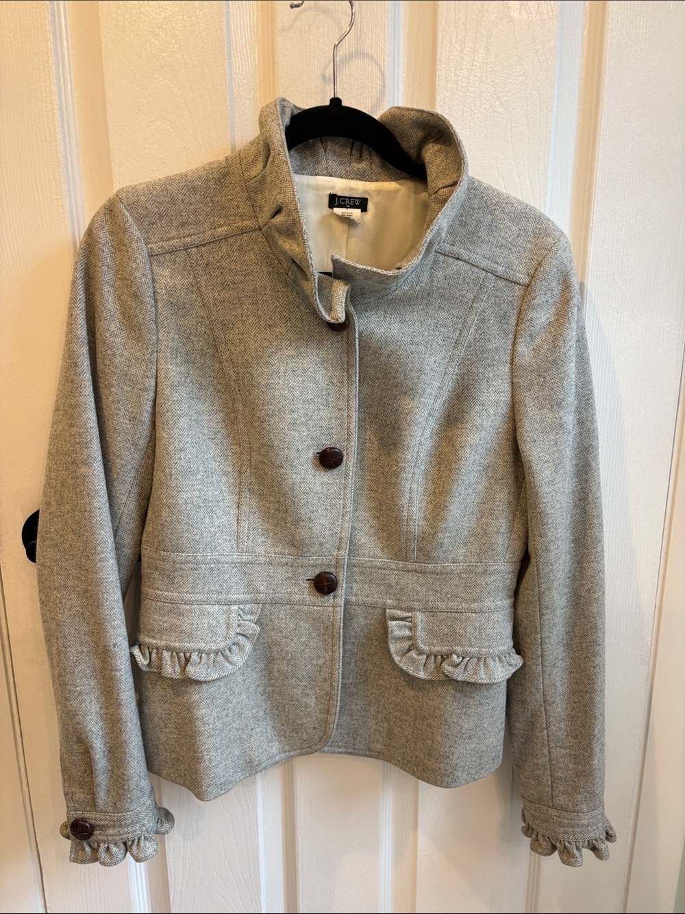 J. Crew Light Grey Wool-Blend Ruffle Pocket Blazer